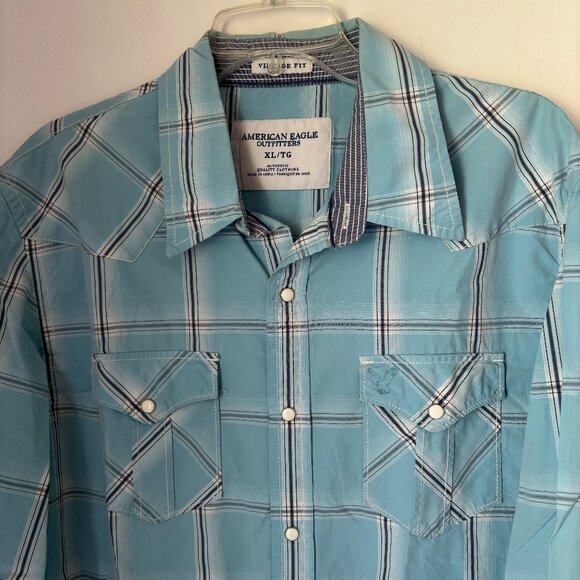 AEO Vintage Fit Blue Plaid Authentic Western Cowboy Snap Closure Man's Size XL - Picture 3 of 6